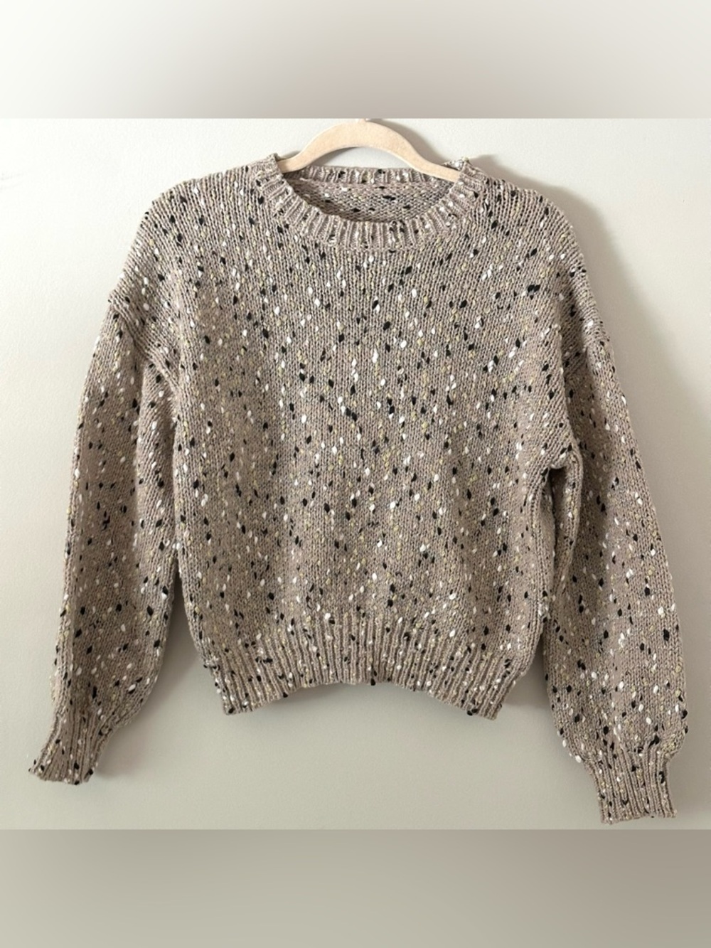 Oatmeal Speckled Knit Sweater Balloon Sleeve Cozy Neutral Sweater Medium